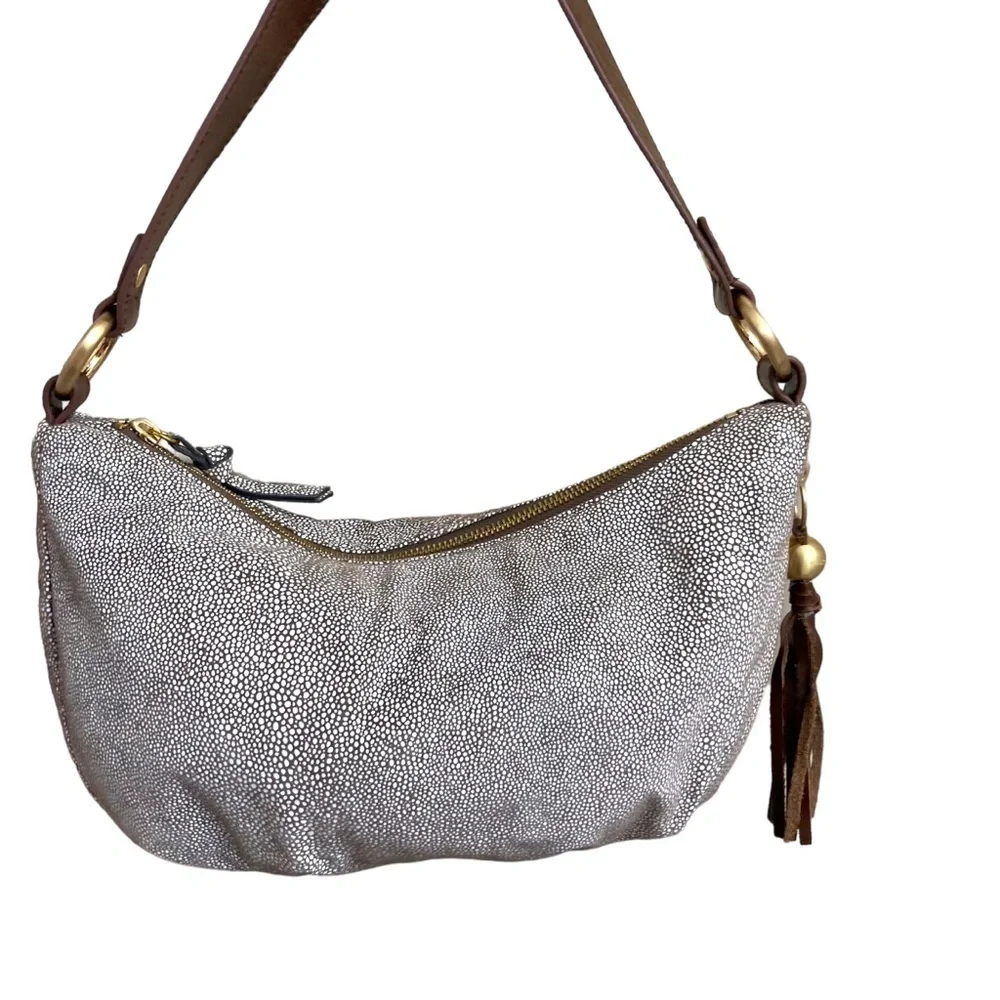 Hobo brown white textured embossed leather mini hobo bag